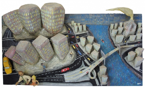 City Connection by Drew Cooke | Acrylic Paint, Oil Pastel, Latex & Acrylic Substances, Papers, Milk-Cartons, Panel, Wood City Connection